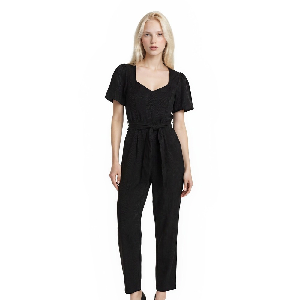 Camila Coelho Jumpsuit Women's Size Large Black Puff Sleeve Tie Waist Belt